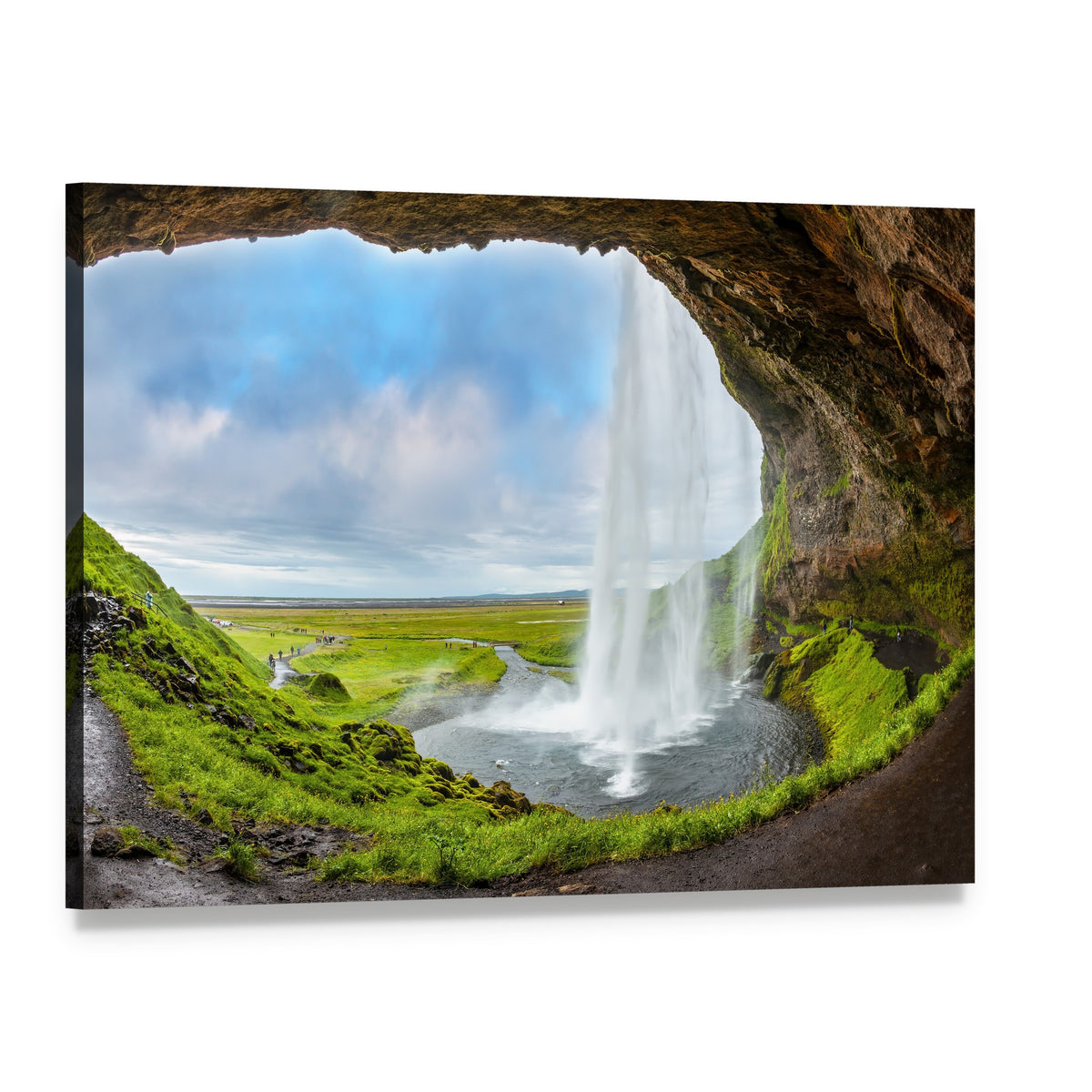 Waterfall Above the Cave Canvas Wall Art, single panel gallery wrapped canvas, angled product view