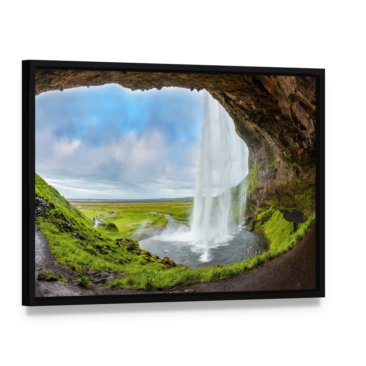 Waterfall Above the Cave Canvas Wall Art, framed canvas in a black floater frame, angled product view