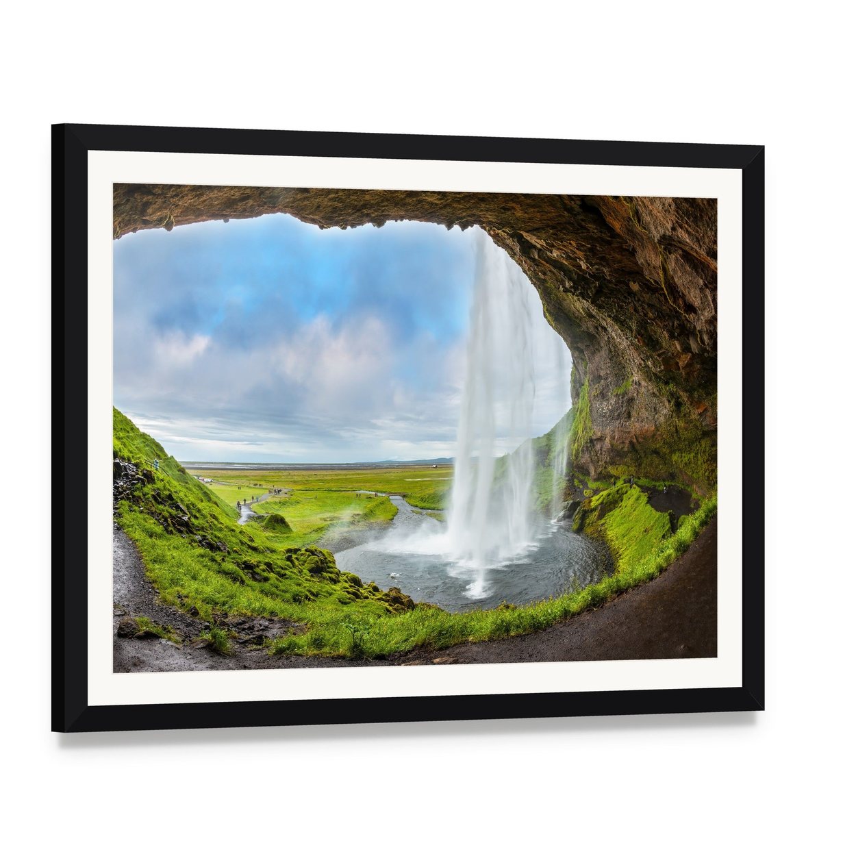Waterfall Above the Cave Canvas Wall Art, framed print with white mat and black frame, angled product view