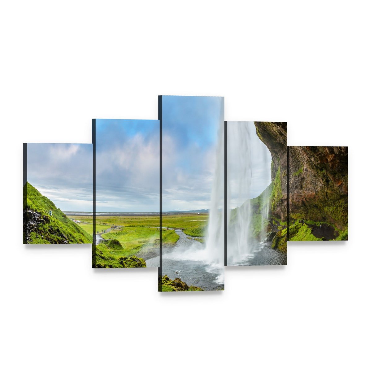 Waterfall Above the Cave Canvas Wall Art, 5 panel 5 Star layout gallery wrapped canvas set, angled product view