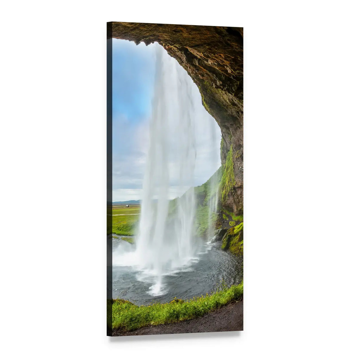 Waterfall Above a Cave Vertical Canvas Wall Art, 1 panel 1 Vertical layout gallery wrapped canvas set, angled product view