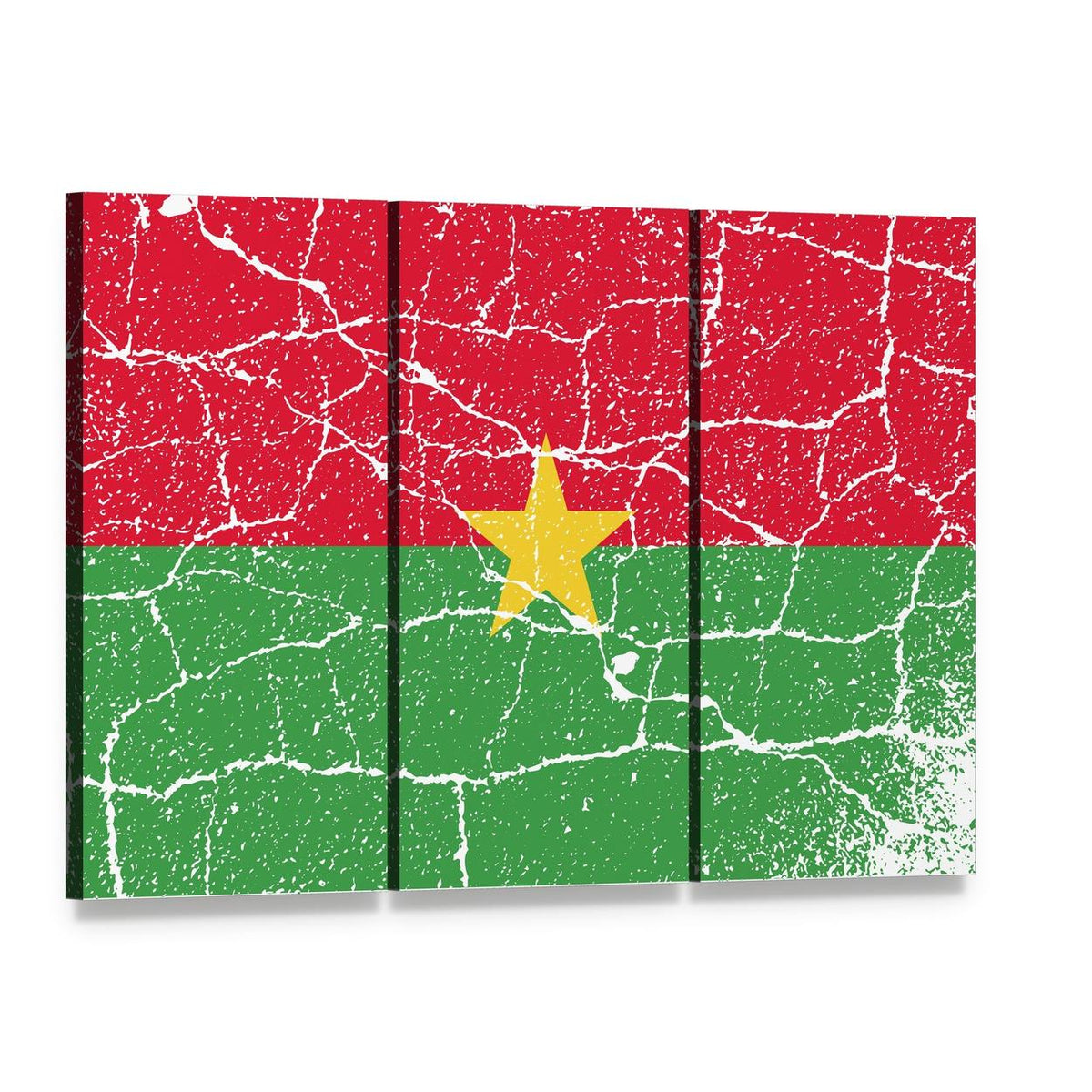 Burkina Faso Flag with Cracked Texture Canvas Wall Art, 3 panel 3 Horizontal layout gallery wrapped canvas set, angled product view