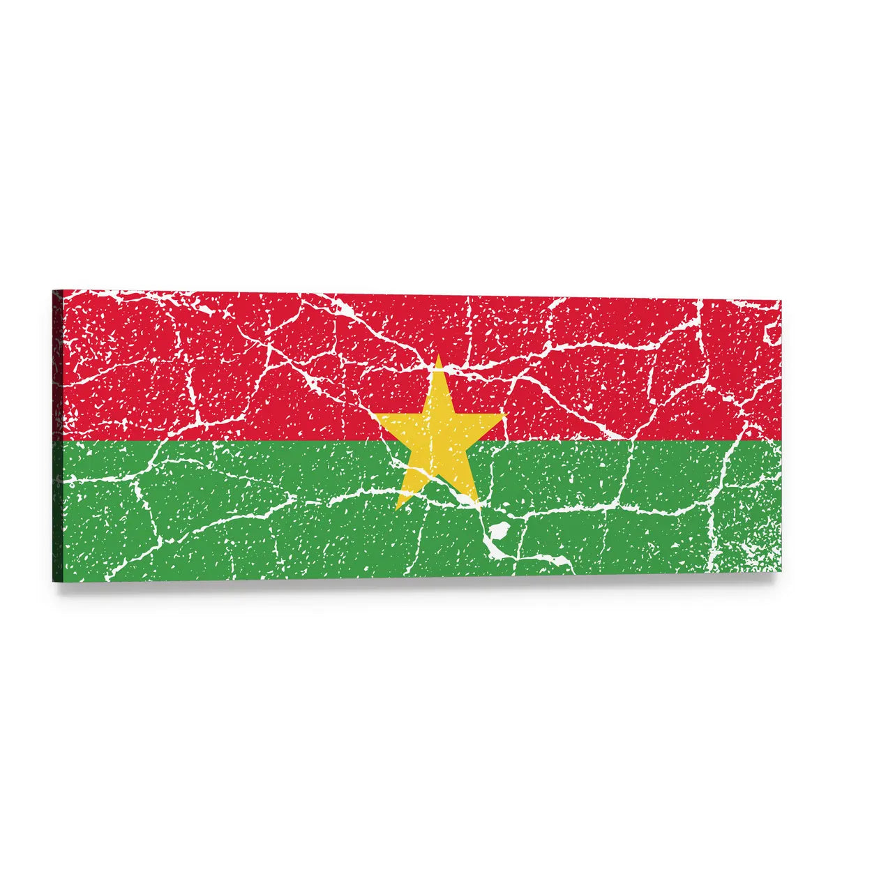 Distressed Burkina Faso Flag Panoramic Canvas Wall Art, single panel gallery wrapped canvas, angled product view