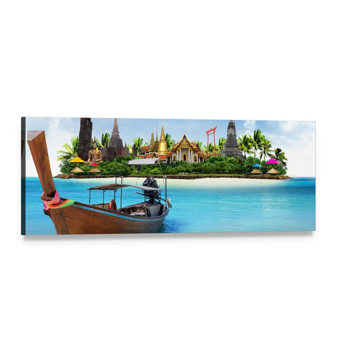Thai Long-tail Boat and Temple Collage Panoramic Canvas Wall Art, single panel gallery wrapped canvas, angled product view