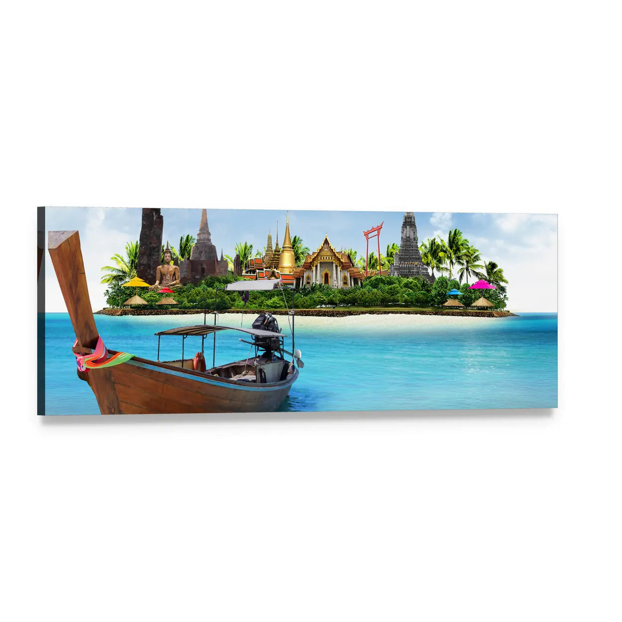 Thai Long-tail Boat and Temple Collage Panoramic Canvas Wall Art, single panel gallery wrapped canvas, angled product view