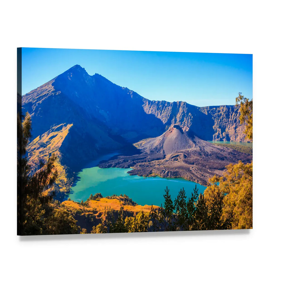 Mount Rinjani Over Turquoise Crater Lake Canvas Wall Art, single panel gallery wrapped canvas, angled product view