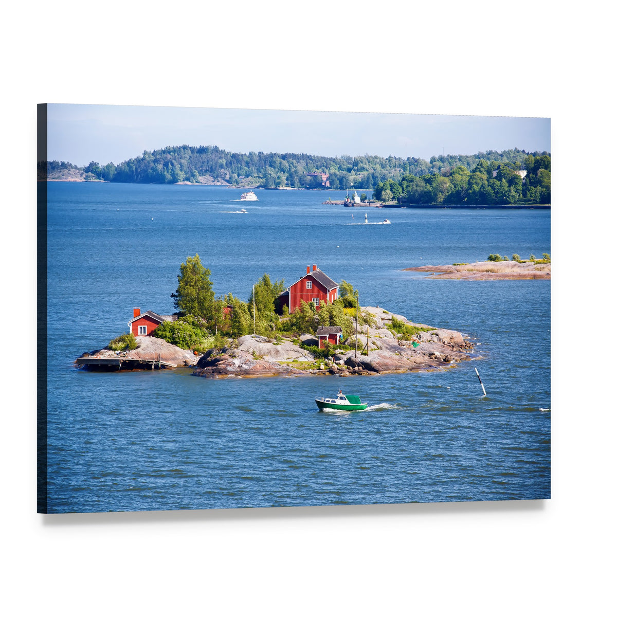 Red Houses on Small Island, Finland Canvas Wall Art, single panel gallery wrapped canvas, angled product view