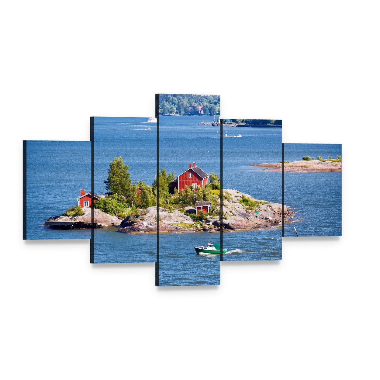 Red Houses on Small Island, Finland Canvas Wall Art, 5 panel 5 Star layout gallery wrapped canvas set, angled product view