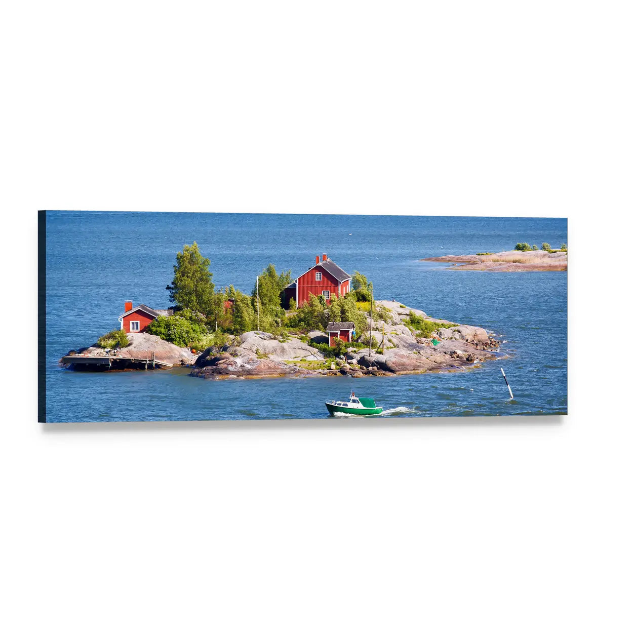 Scandinavian Red Cottages on Rocky Island Panoramic Canvas Wall Art, single panel gallery wrapped canvas, angled product view
