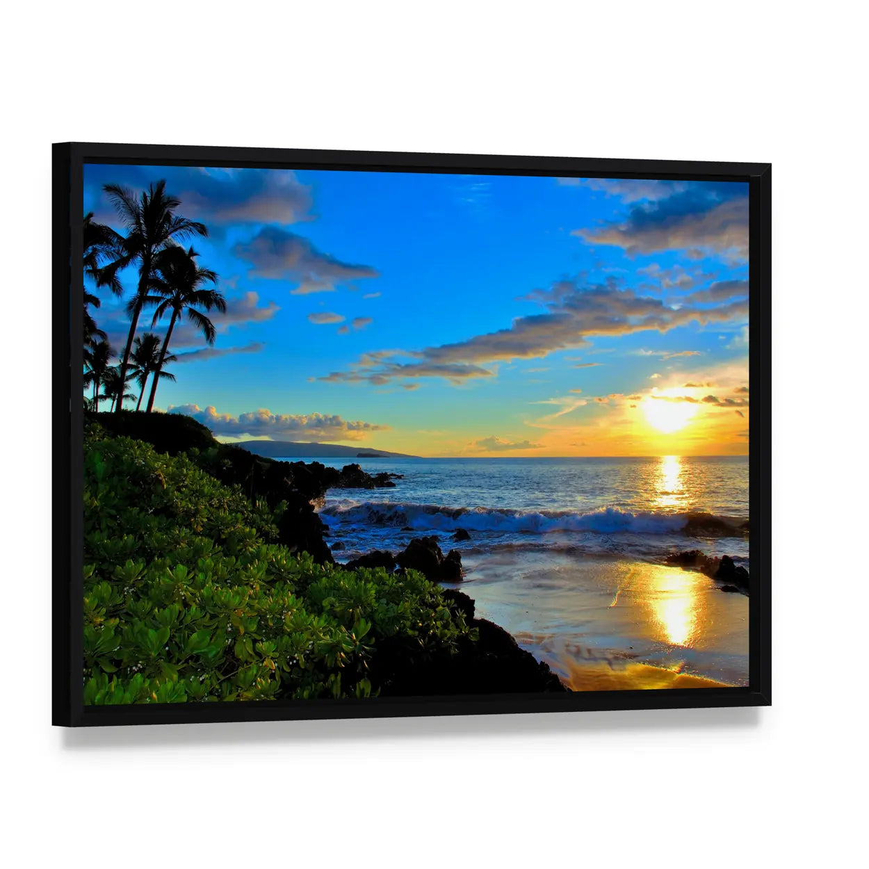 Maui Beach Sunset Canvas Wall Art, framed canvas in a black floater frame, angled product view