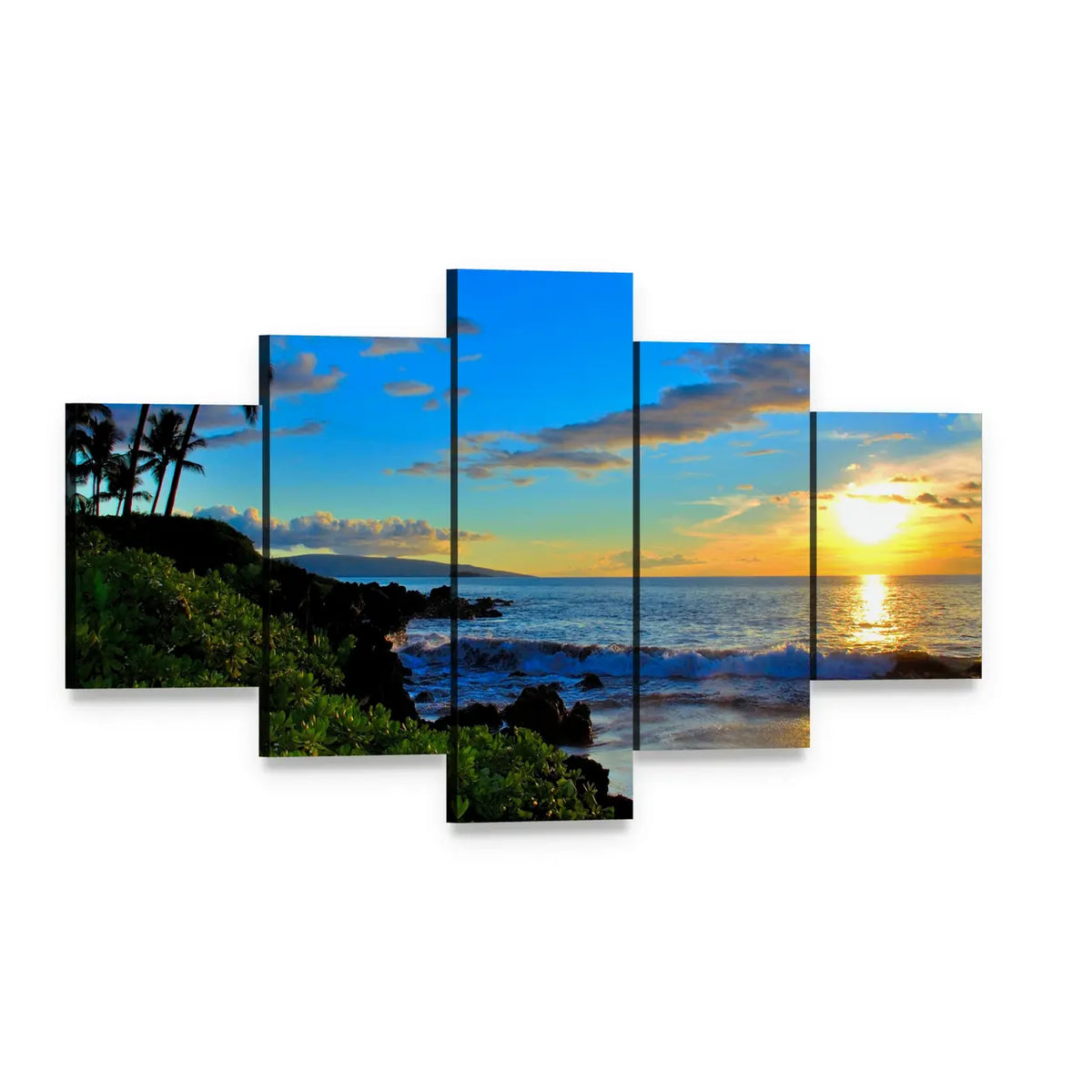 Maui Beach Sunset Canvas Wall Art, 5 panel 5 Star layout gallery wrapped canvas set, angled product view