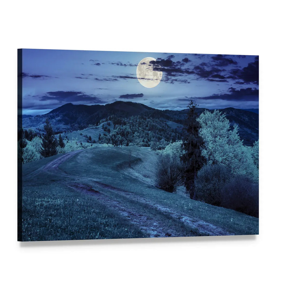 Moonlit Mountain Road Through Forest Canvas Wall Art, single panel gallery wrapped canvas, angled product view
