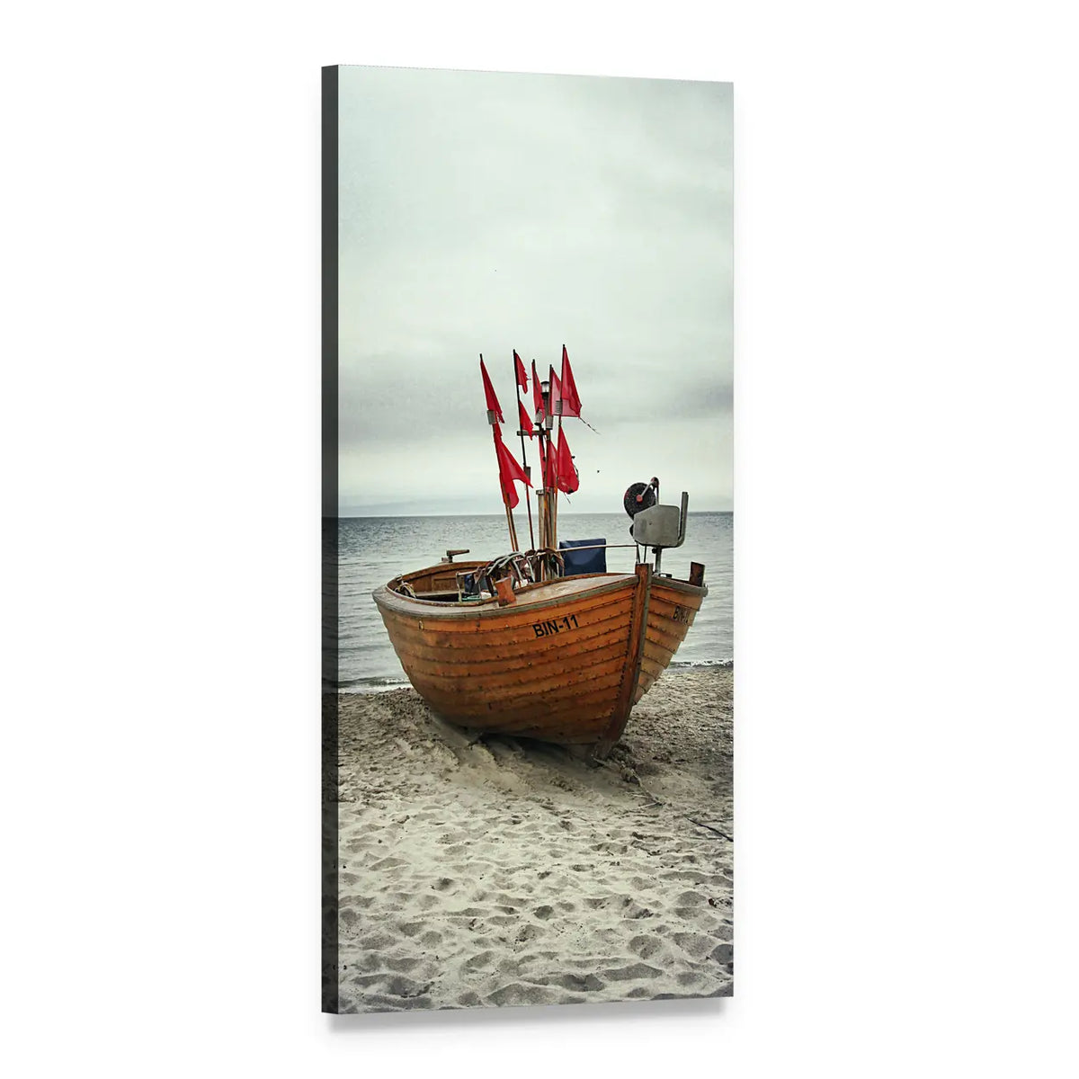 Wooden Fishing Boat on Overcast Beach Vertical Canvas Wall Art, 1 panel 1 Vertical layout gallery wrapped canvas set, angled product view