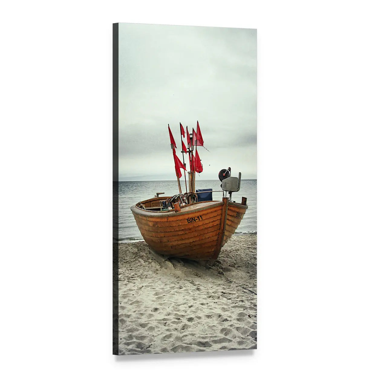 Wooden Fishing Boat on Overcast Beach Vertical Canvas Wall Art, 1 panel 1 Vertical layout gallery wrapped canvas set, angled product view