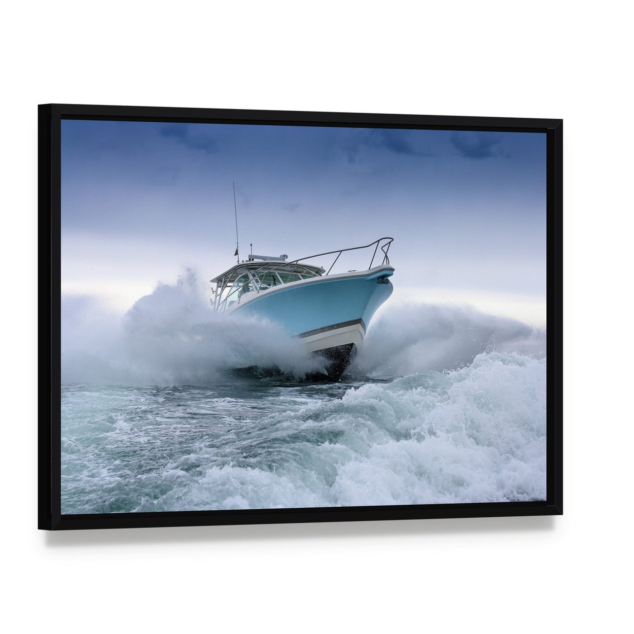 Motor Boat Jump Canvas Wall Art, framed canvas in a black floater frame, angled product view