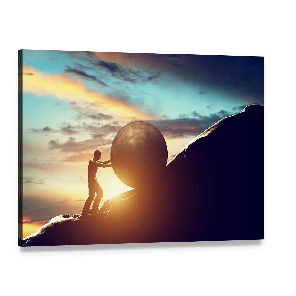 Man Pushing Boulder Up Hill Canvas Wall Art, single panel gallery wrapped canvas, angled product view