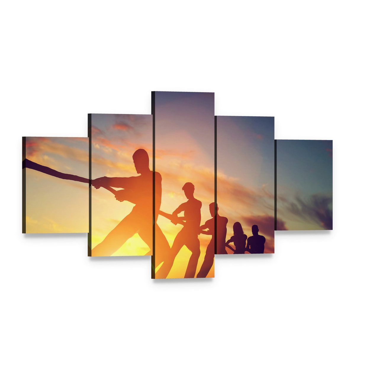 Team Pulling Rope at Sunset Canvas Wall Art, 5 panel 5 Star layout gallery wrapped canvas set, angled product view