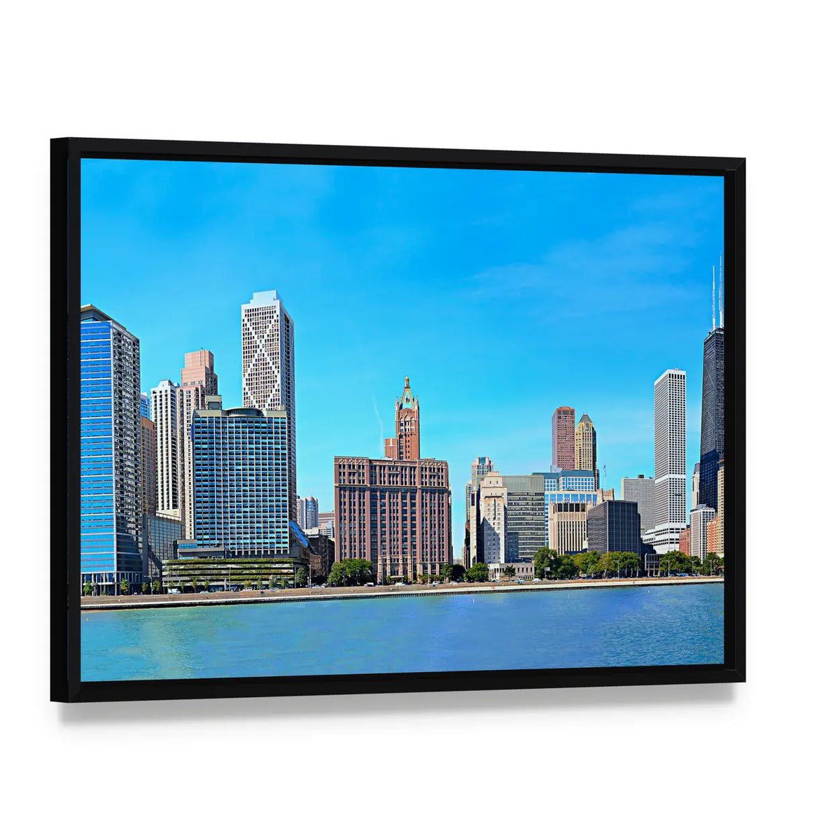 Chicago Lakeshore Skyline Canvas Wall Art, framed canvas in a black floater frame, angled product view