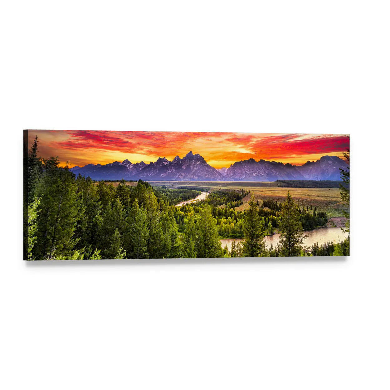 Snake River Sunset Over Snow-dusted Peaks Panoramic Canvas Wall Art, single panel gallery wrapped canvas, angled product view