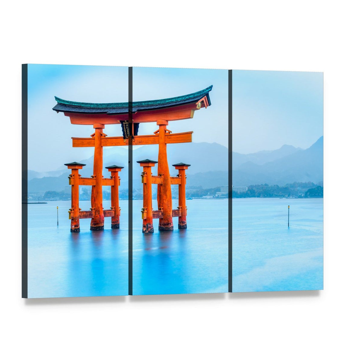 Floating Torii Gate in Japan Canvas Wall Art, 3 panel 3 Horizontal layout gallery wrapped canvas set, angled product view