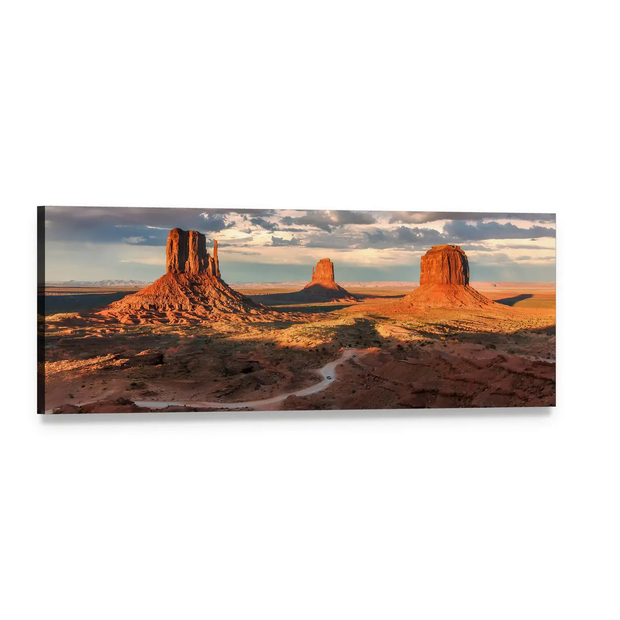 Monument Valley Sandstone Buttes at Sunset Panoramic Canvas Wall Art, single panel gallery wrapped canvas, angled product view