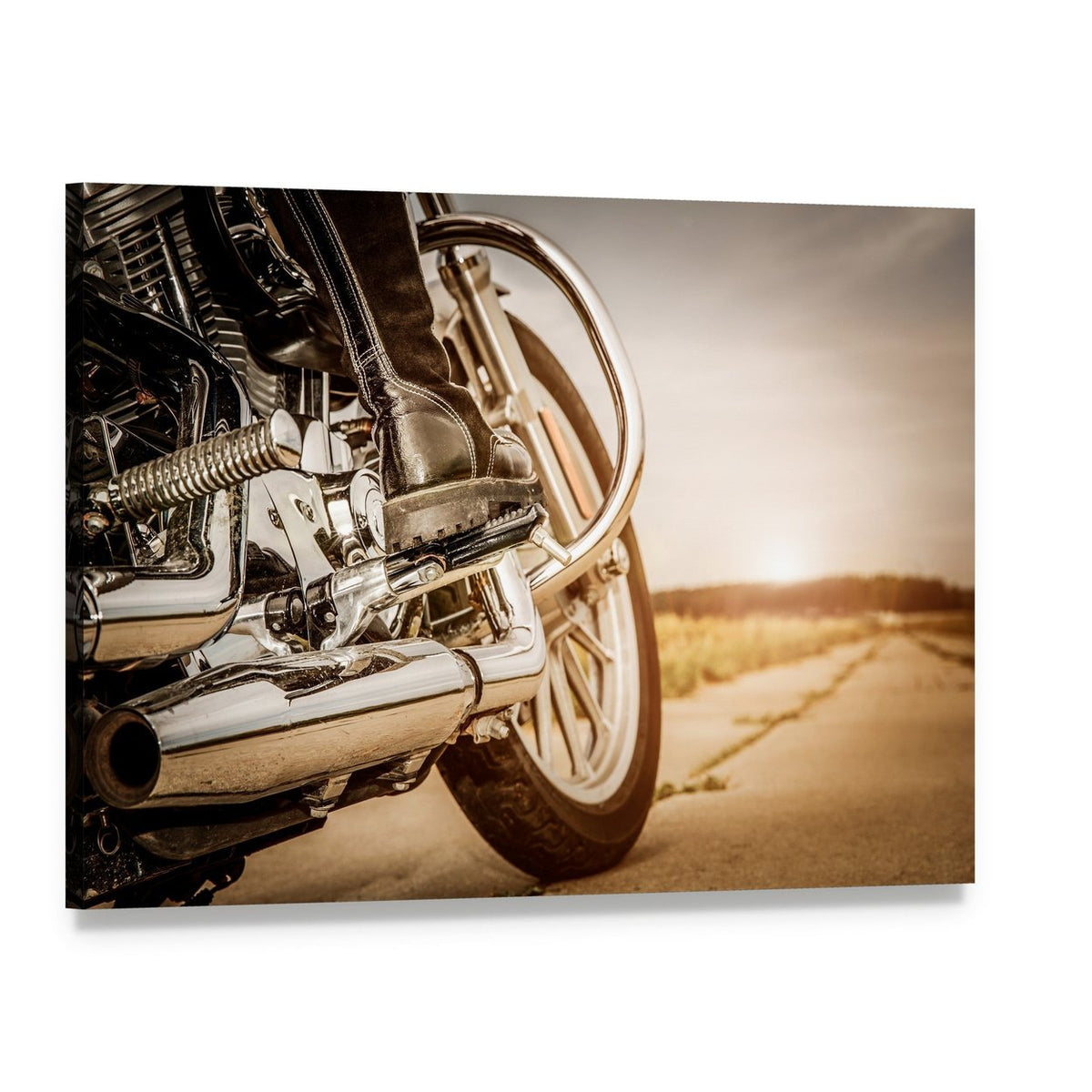 Motorcycle Engine Exhaust Sunset Canvas Wall Art, single panel gallery wrapped canvas, angled product view