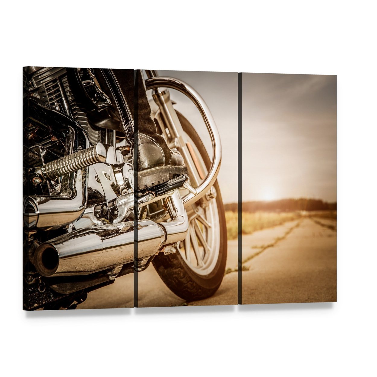 Motorcycle Engine Exhaust Sunset Canvas Wall Art, 3 panel 3 Horizontal layout gallery wrapped canvas set, angled product view