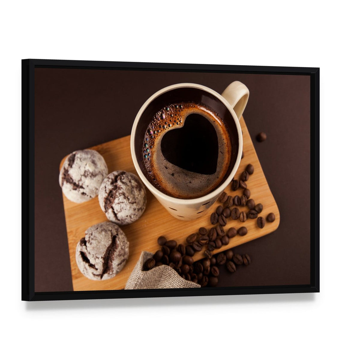 Cup of Coffee Canvas Wall Art, framed canvas in a black floater frame, angled product view