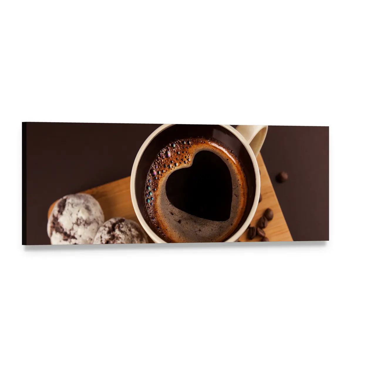 Cup of Coffee with Heart-shaped Foam Panoramic Canvas Wall Art, single panel gallery wrapped canvas, angled product view