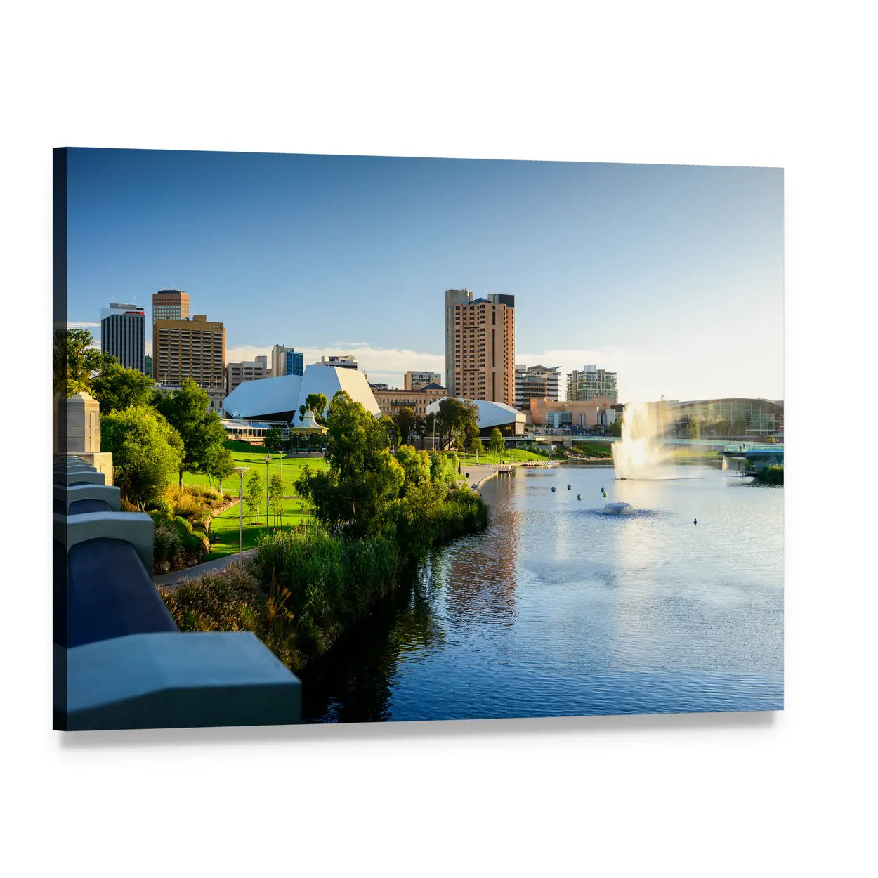 Adelaide City Skyline with River and Fountain Canvas Wall Art, single panel gallery wrapped canvas, angled product view