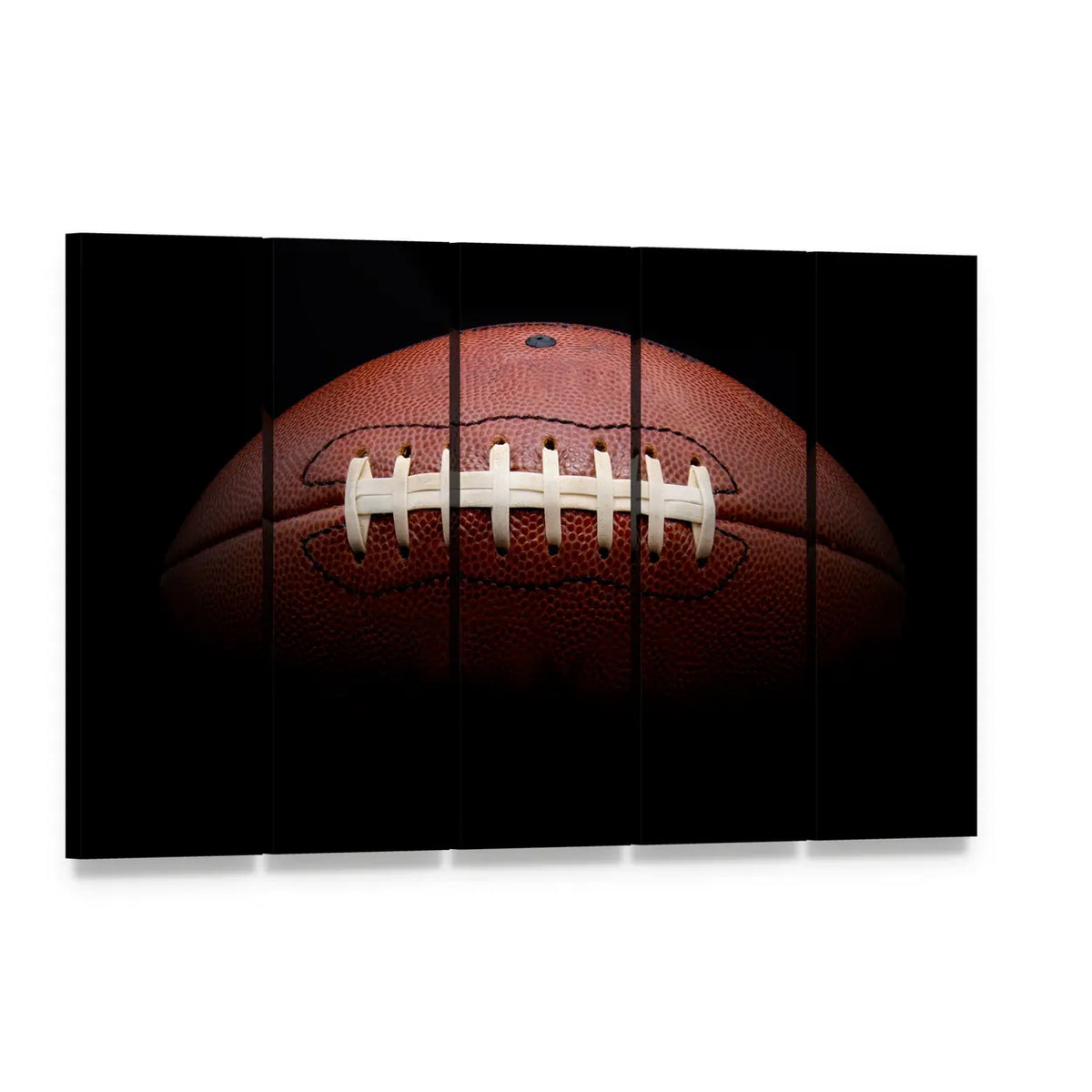 American Football Close-up with White Laces Canvas Wall Art, 5 panel 5 Horizontal layout gallery wrapped canvas set, angled product view
