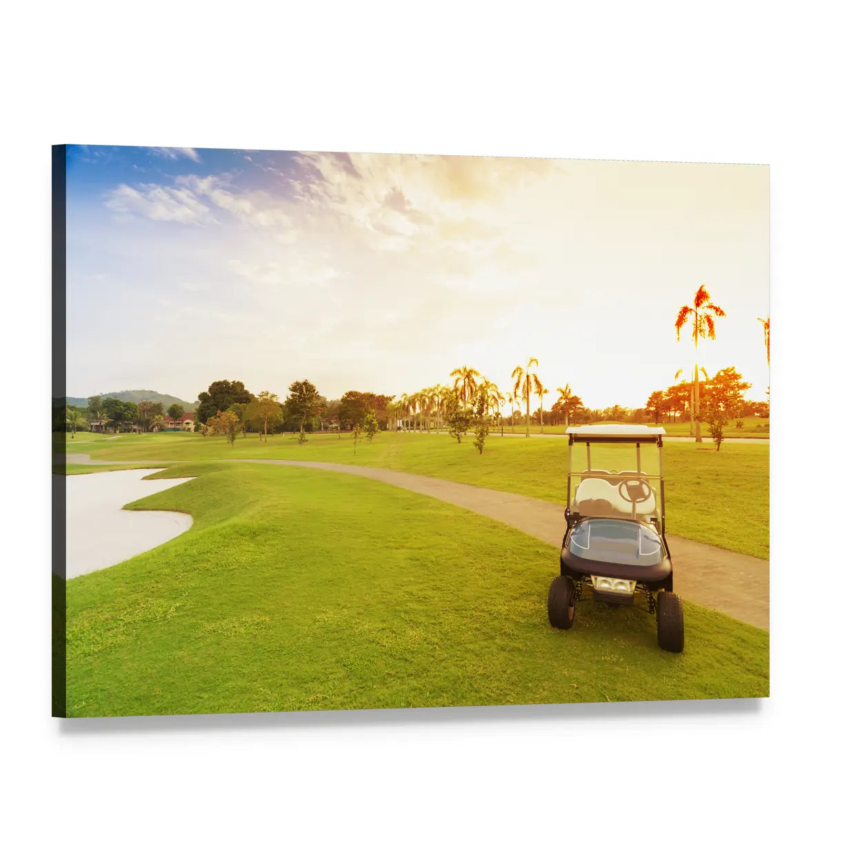 Golf Cart on Fairway at Sunset Canvas Wall Art, single panel gallery wrapped canvas, angled product view