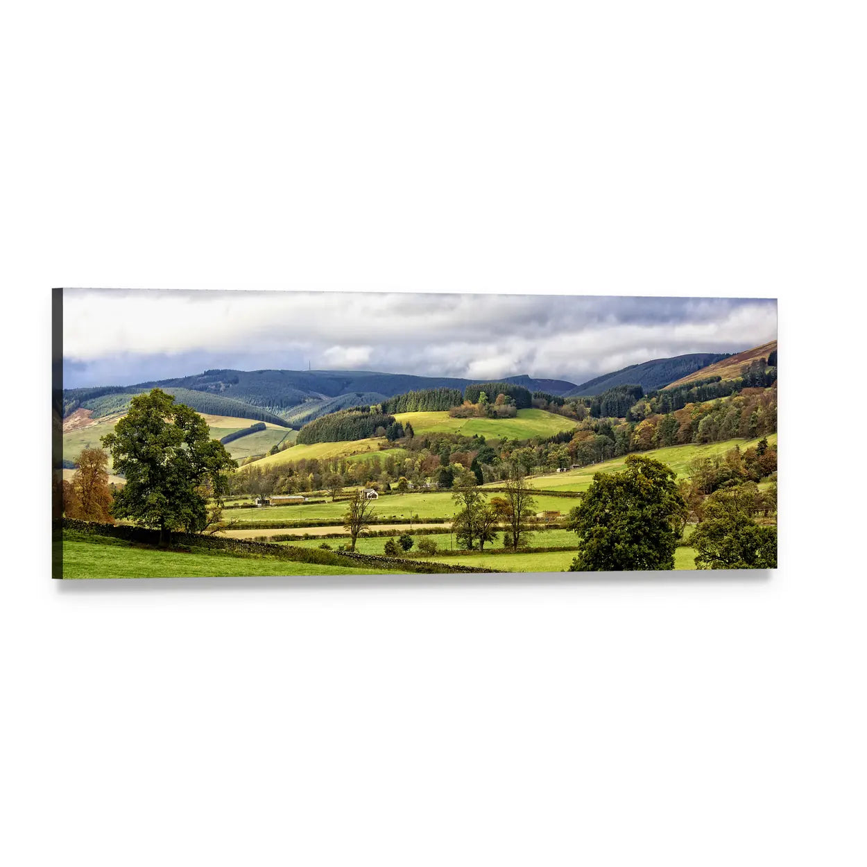 Moorfoot Hills Landscape Panoramic Canvas Wall Art, single panel gallery wrapped canvas, angled product view