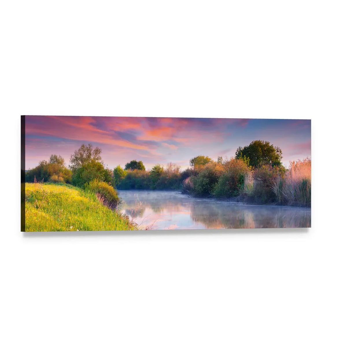 Colorful Sunrise Over Misty River Panoramic Canvas Wall Art, single panel gallery wrapped canvas, angled product view