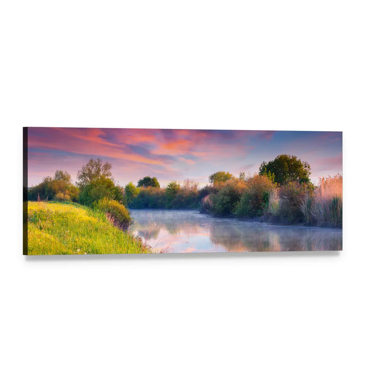 Colorful Sunrise Over Misty River Panoramic Canvas Wall Art, single panel gallery wrapped canvas, angled product view