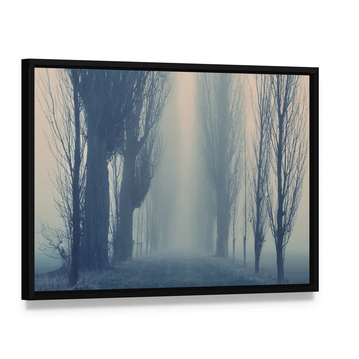 Autumn Fog in the Old Forest Canvas Wall Art, framed canvas in a black floater frame, angled product view