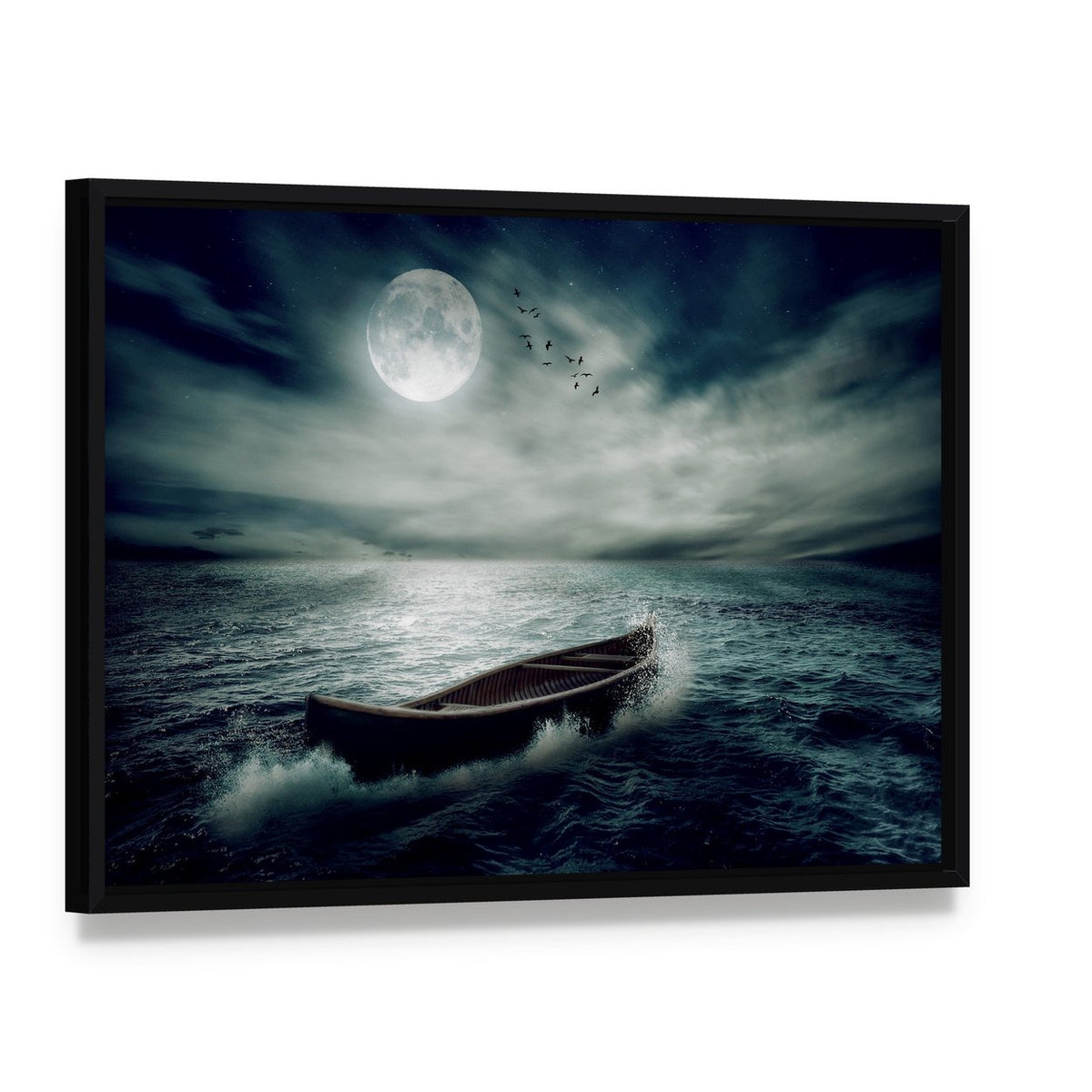 Boat Drifting in Stormy Ocean Canvas Wall Art, framed canvas in a black floater frame, angled product view