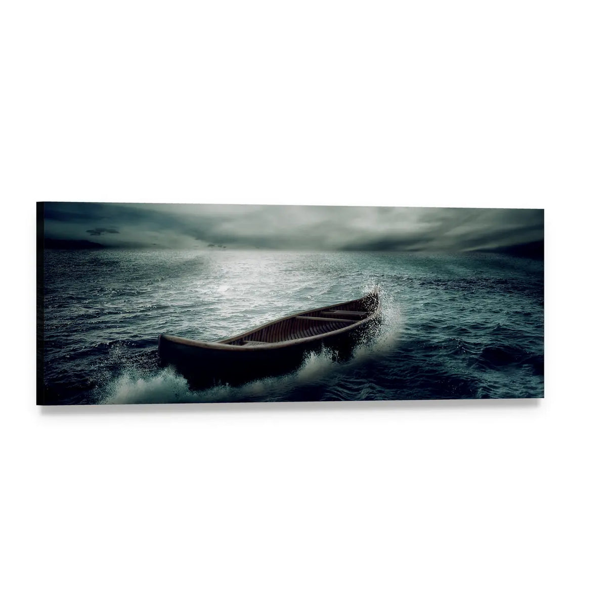 Boat Drifting in Stormy Ocean Panoramic Canvas Wall Art, single panel gallery wrapped canvas, angled product view