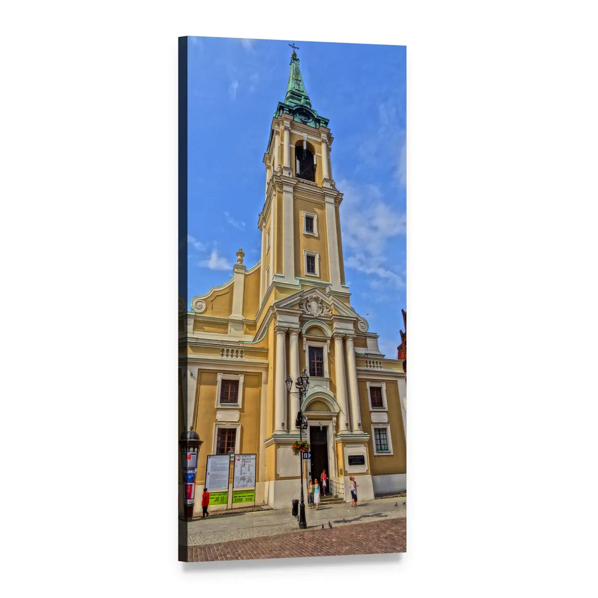 Baroque Church Tower with Green Spire and Clock Vertical Canvas Wall Art, 1 panel 1 Vertical layout gallery wrapped canvas set, angled product view