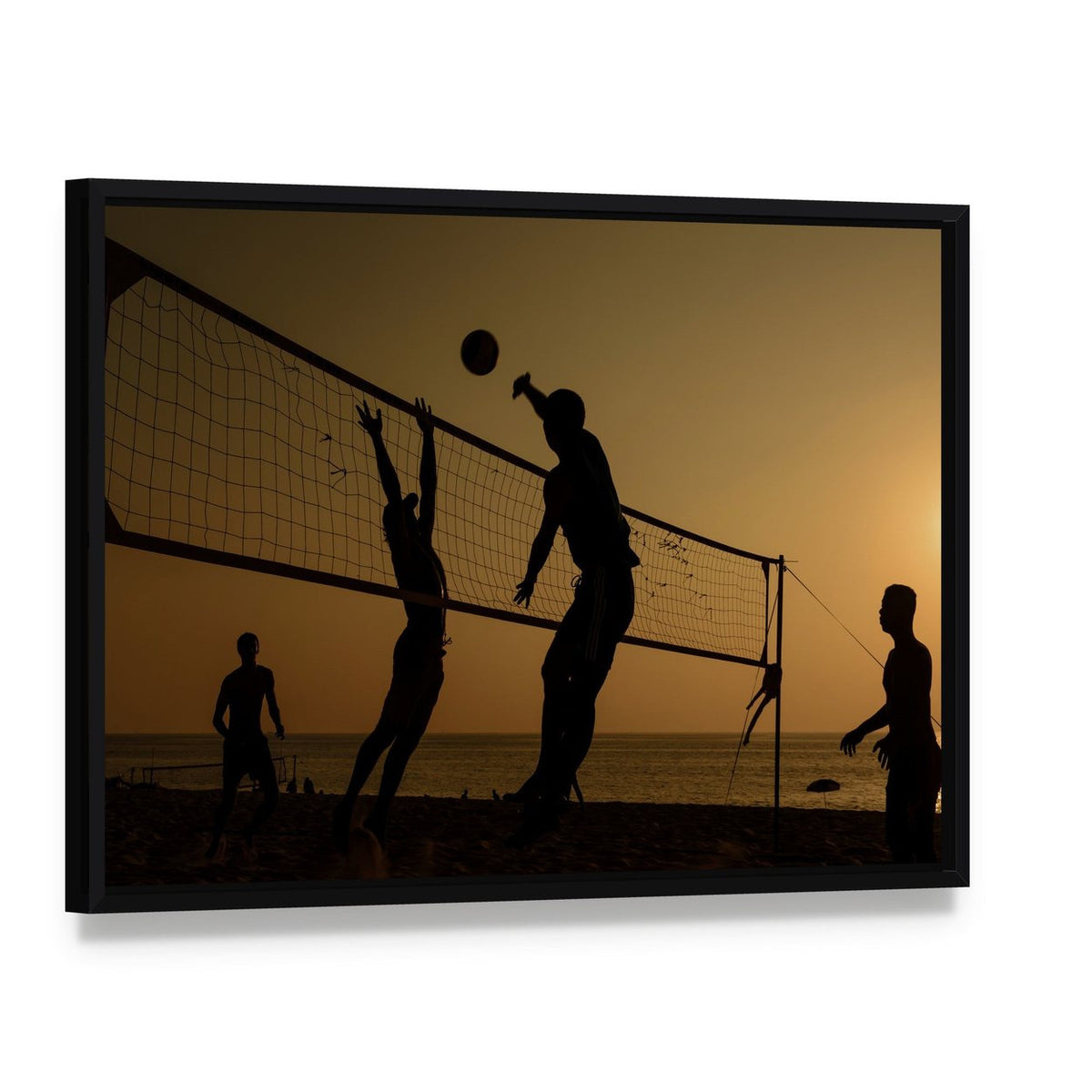 Players Playing Volleyball at Beach Canvas Wall Art, framed canvas in a black floater frame, angled product view