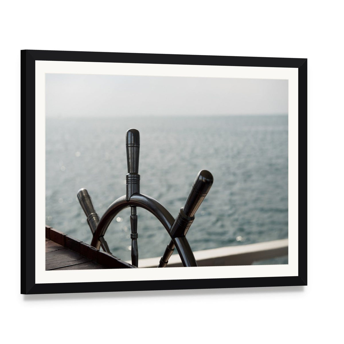 Wooden Ship Wheel Close-up Canvas Wall Art, framed print with white mat and black frame, angled product view
