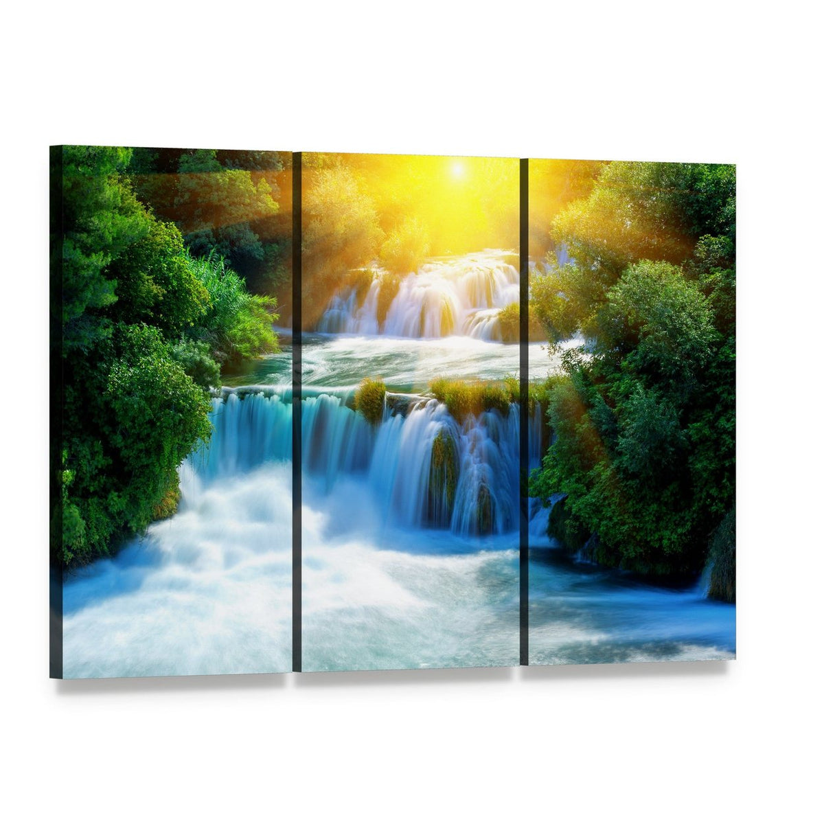 Krka Waterfalls in Croatia Canvas Wall Art, 3 panel 3 Horizontal layout gallery wrapped canvas set, angled product view
