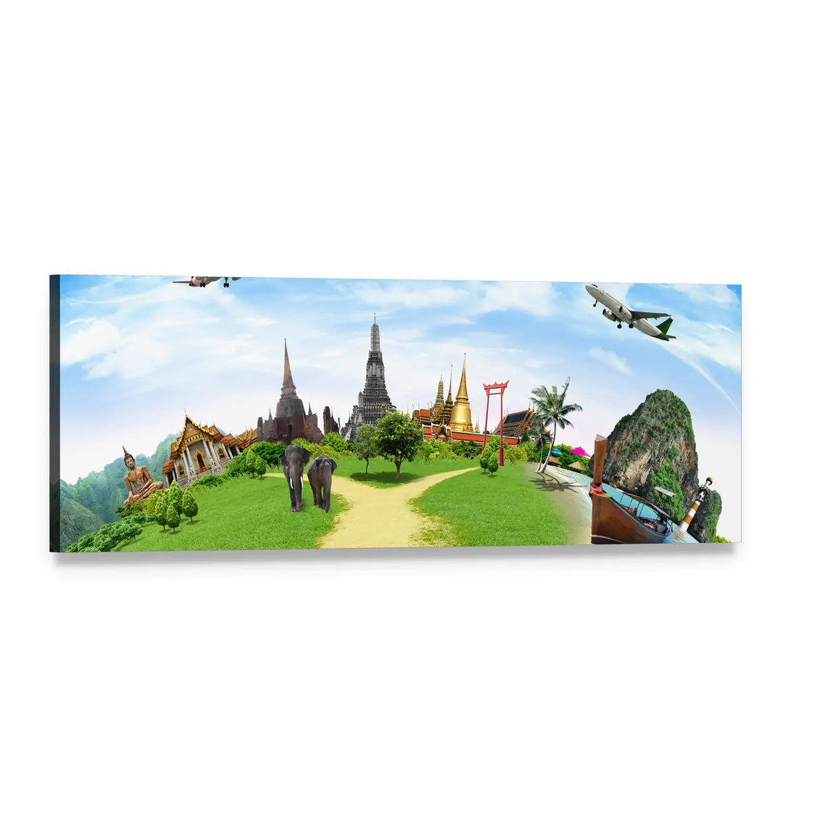 Thailand Travel Mini-world Collage with Temples and Elephants Panoramic Canvas Wall Art, single panel gallery wrapped canvas, angled product view