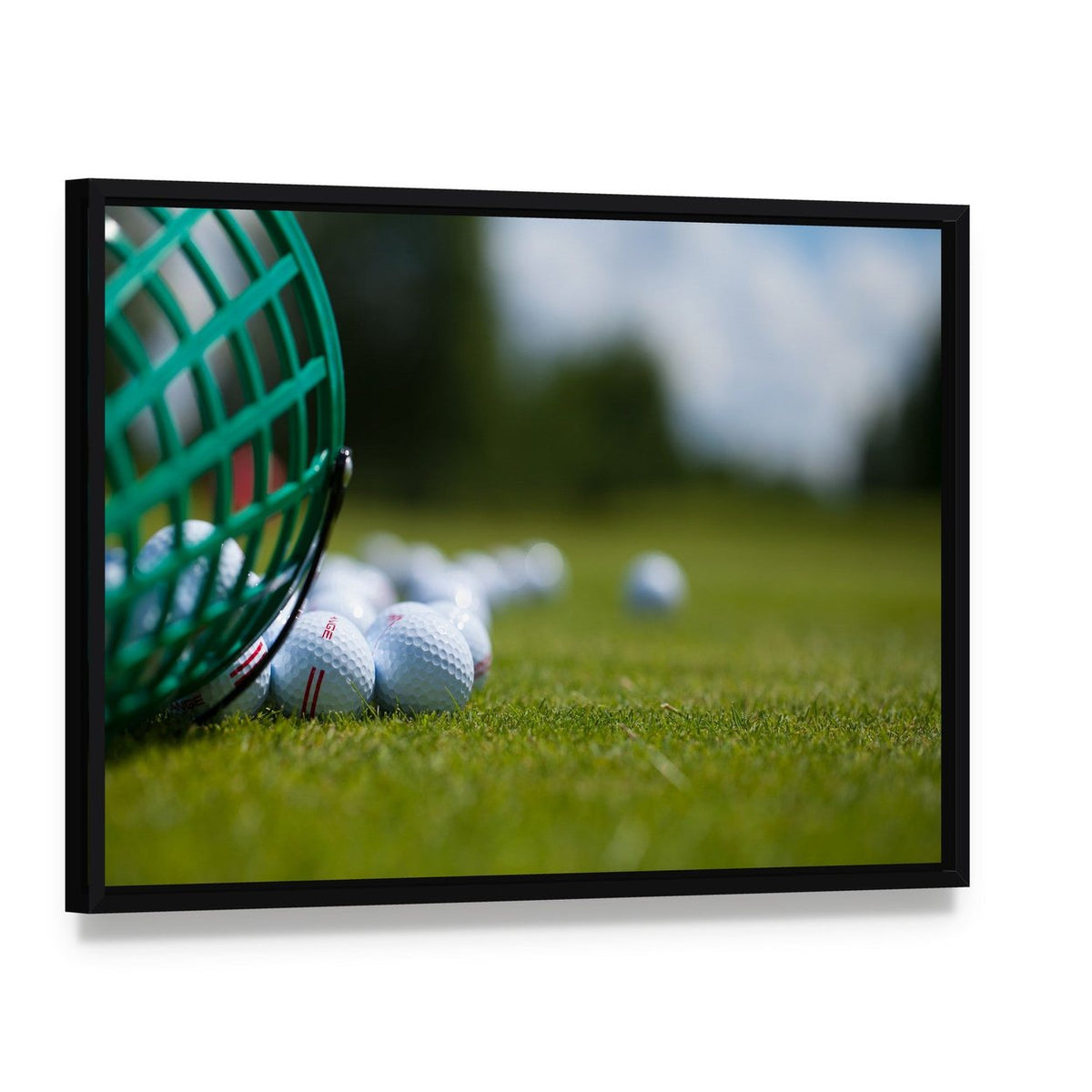 Golf Ball Basket Canvas Wall Art, framed canvas in a black floater frame, angled product view