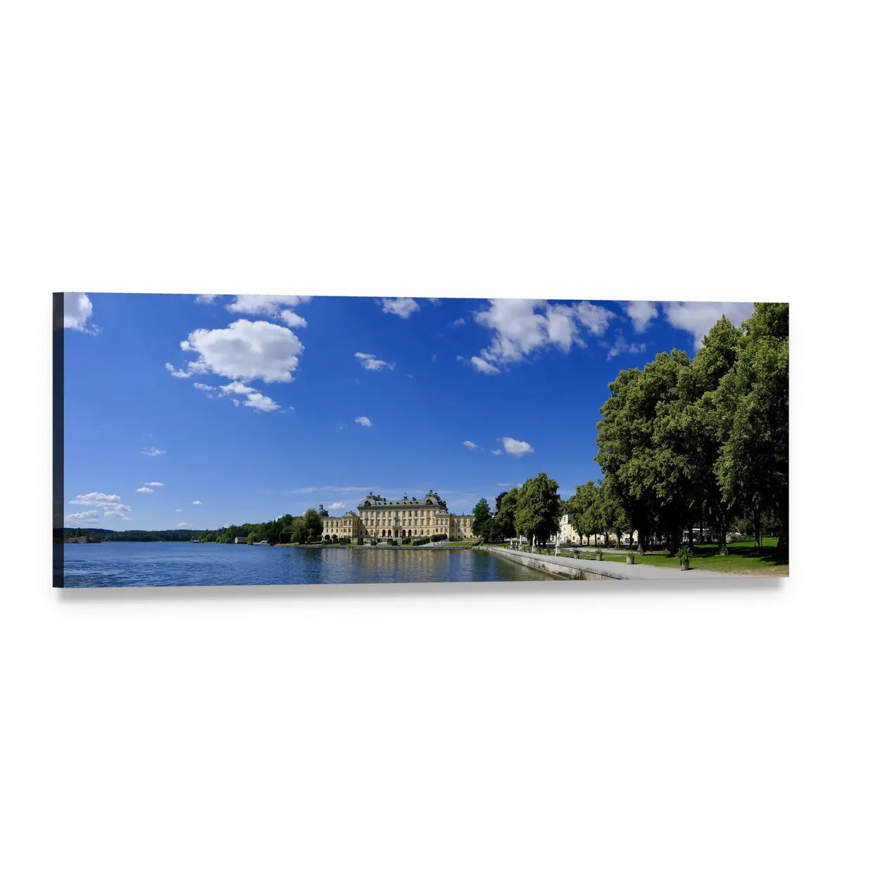 Drottningholm Palace by the Lake Panoramic Canvas Wall Art, single panel gallery wrapped canvas, angled product view