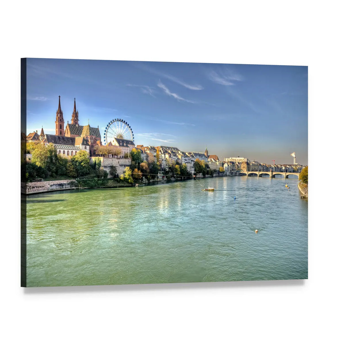 Basel Riverfront with Cathedral and Ferris Wheel Canvas Wall Art, single panel gallery wrapped canvas, angled product view