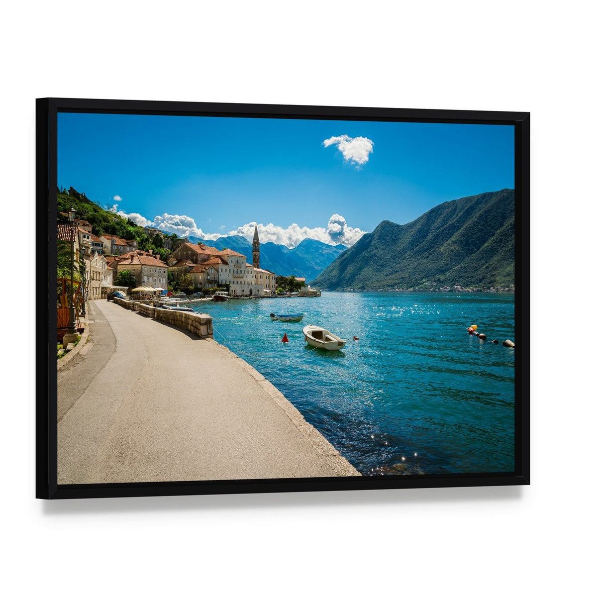 Boka Kotor Bay in Montenegro Canvas Wall Art, framed canvas in a black floater frame, angled product view