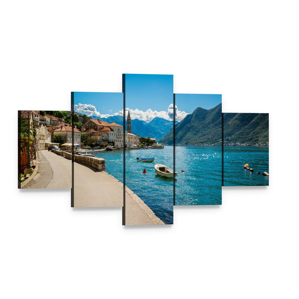 Boka Kotor Bay in Montenegro Canvas Wall Art, 5 panel 5 Star layout gallery wrapped canvas set, angled product view