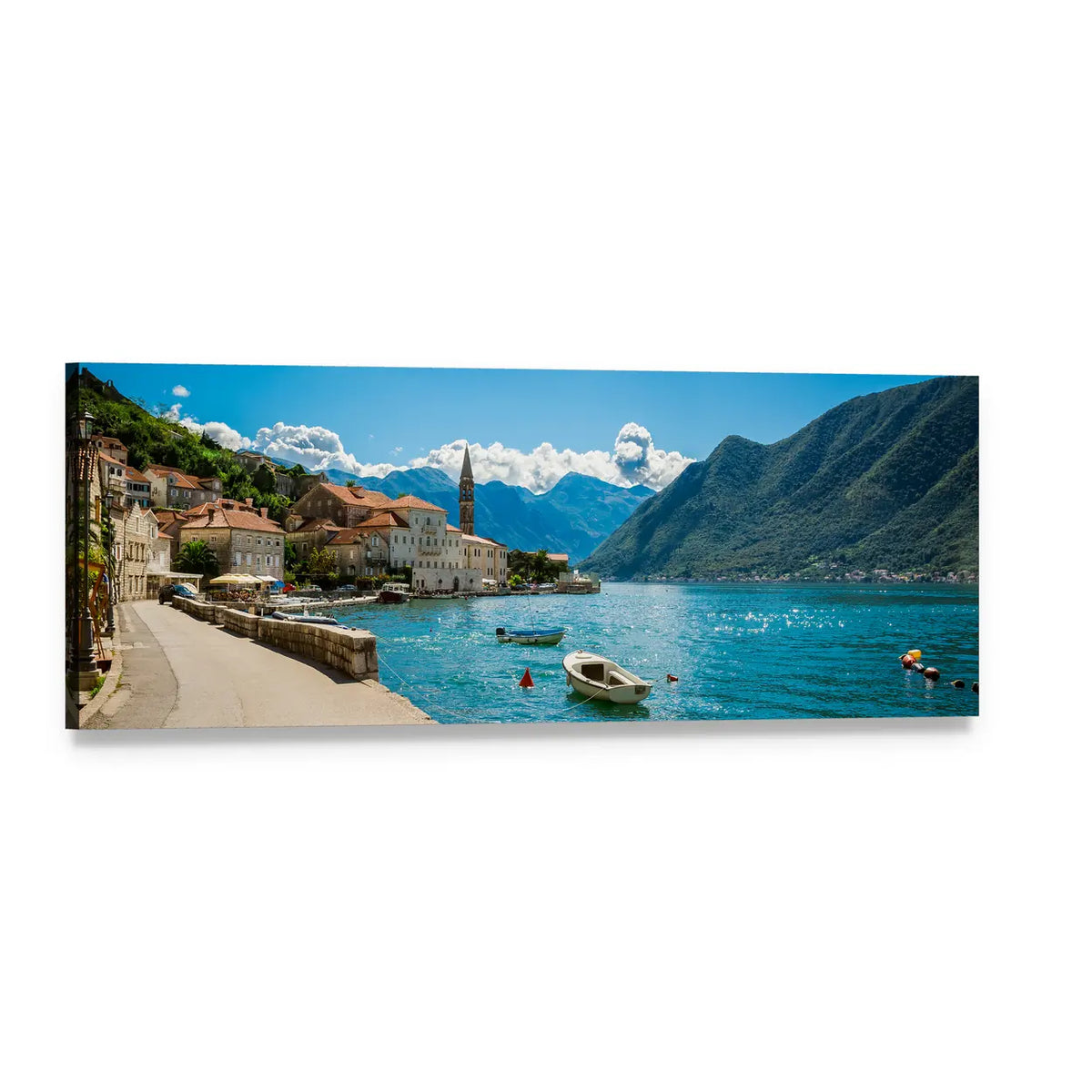 Boka Kotor Bay Seaside Town View Panoramic Canvas Wall Art, single panel gallery wrapped canvas, angled product view