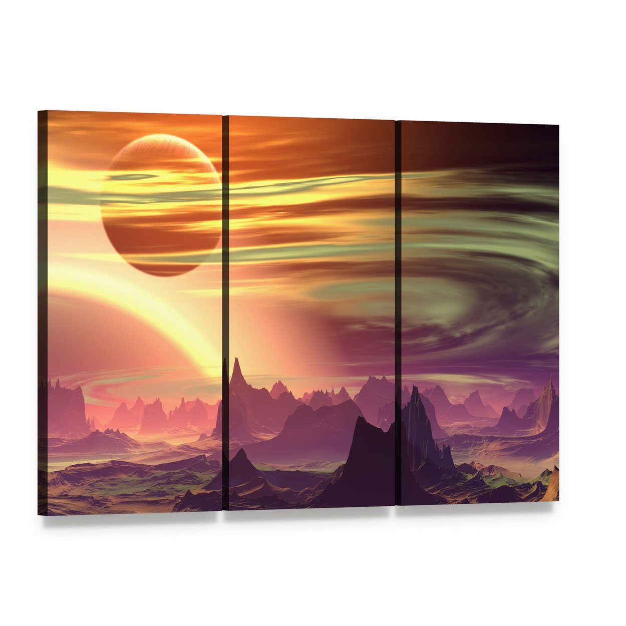 Rocks and Moon on Alien Planet Canvas Wall Art, 3 panel 3 Horizontal layout gallery wrapped canvas set, angled product view